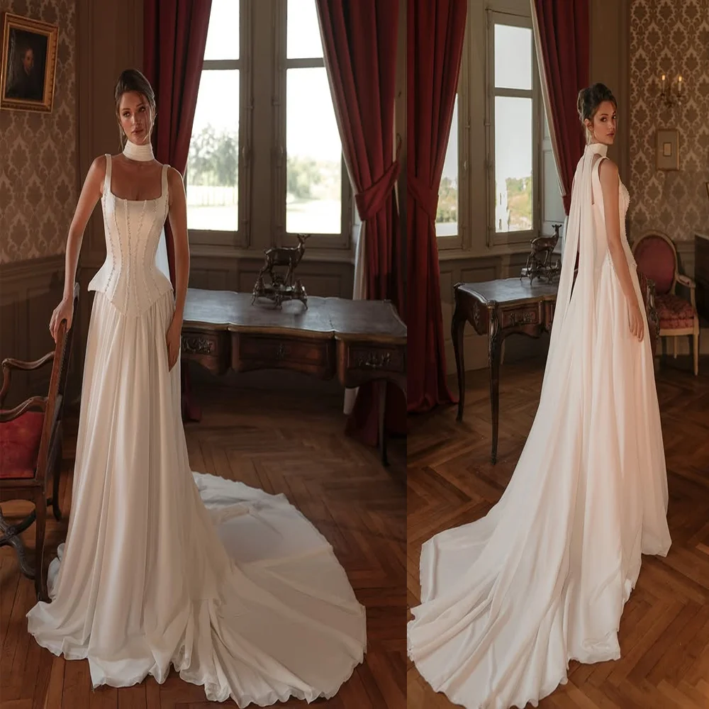 

свадебное платье Square Collar Satin Beaded Bodice Wedding Gown A-line Backless Bridal Dress with Train Custom