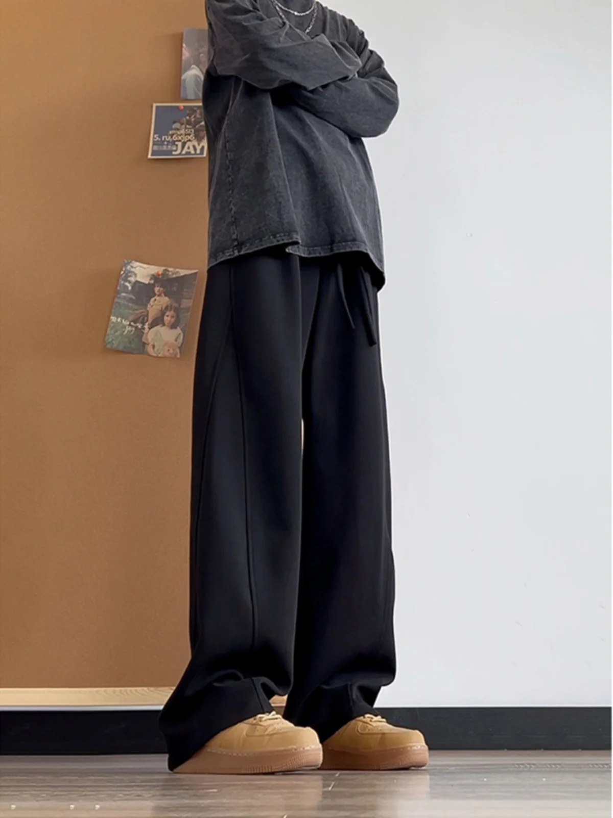 Cleanfit Black Wide Leg Casual Pants Men's Autumn Winter Tall Size Extended Straight Loose Fit Comfortable Trousers