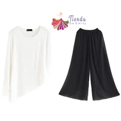 Traje de baile moderno de manga larga para mujer, camisa de cuello redondo de gasa, pantalones de piernas sueltas, 2 piezas, ropa de baile clásica, conjunto de Yoga 2882 2871