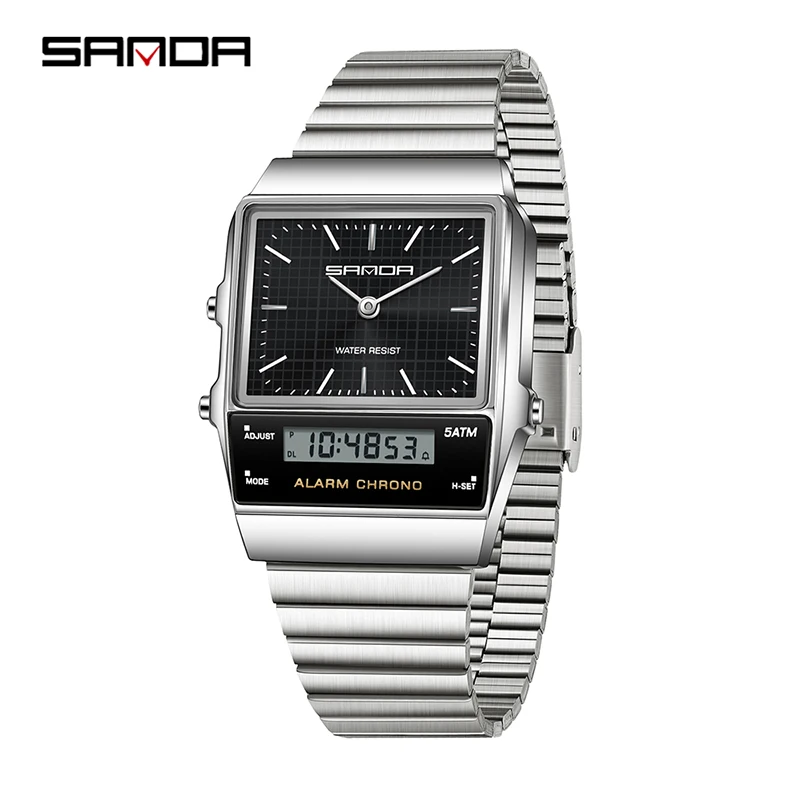 SANDA 3364 Electronic Quartz Watch Multifunctional Dual Display Watch Luminous Alarm Clock Calendar Watches for Man Fashion Men