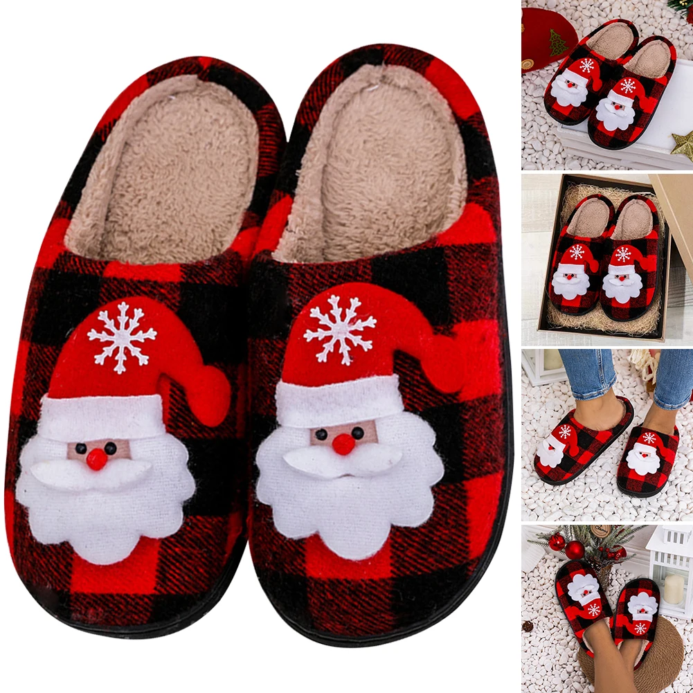 Christmas Fluffy Fur Slippers Cozy Santa Claus Plush Closed Toe Slippers Flat Plush Slip-on House Shoes Plaid Household Supplies