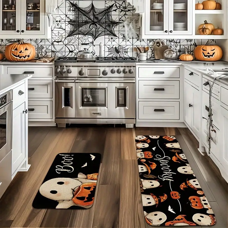 Halloween Kitchen Rug Set Cute Spooky Non-Slip Carpet Black Ghost Pumpkin Printed Soft Flannel Fabric 2 3 Pcs Set Machine Washable Rectangle Runner For Kitchen Hallway Entryway Halloween Decoration view 4