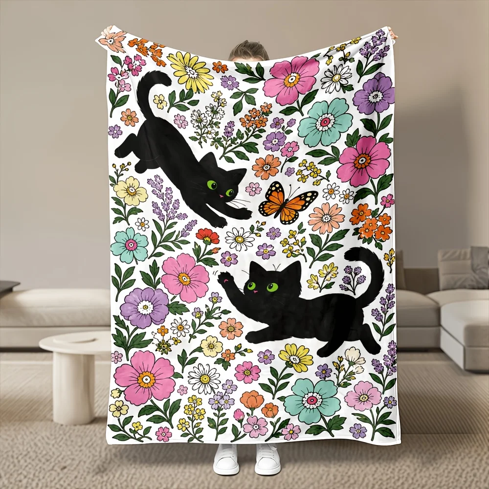1pc Green-Eyed Black Cat & Print Blanket - Heavyweight 280GSM Flannel Bedspread Suitable for Seasons, Cozy Sofa Throw for Bed, Dorm, Car, Machine Washable Cat-Themed Gift for &, Warm Winter Decor (Multi-Size Options)