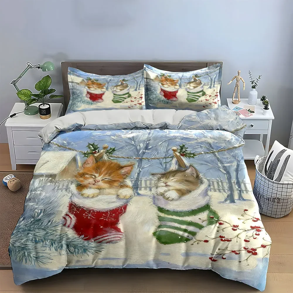 Christmas Stocking Kitten Decorations Winter Soft Comfortable Duvet Cover Bedding Set Included 1*Duvet Cover & 2*Pillowcases