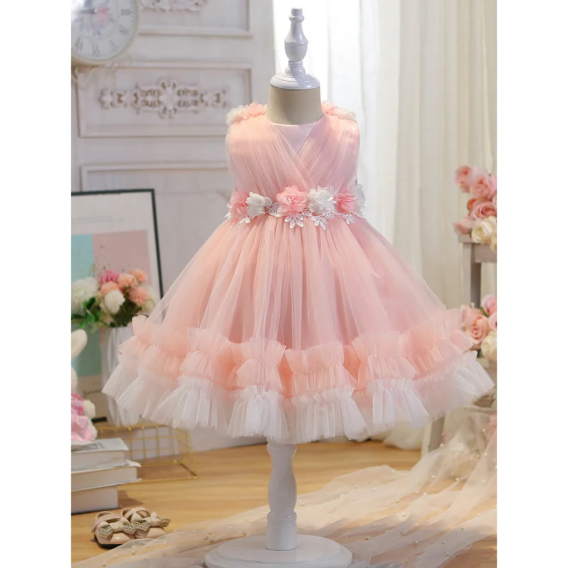 

2025Girls' New Floral Waist-Cinching Soft Cute Sleeveless Mesh Dress1Years Old-4Years Old