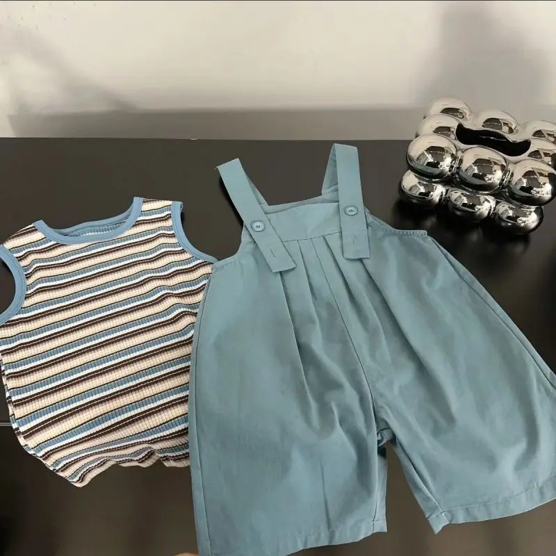 

2024 Summer New Boys Fashion Trendy Loose Casual Pullovers O-Neck Contrast Color Striped Sleeveless Button Camisole Pants Set