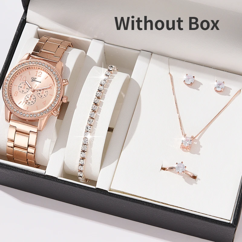 

5PCS/Set Luxury Watch Women Ring Necklace Earrings Rhinestone Wristwatch Female Casual Ladies Watches Bracelet Set Clock(No Box)