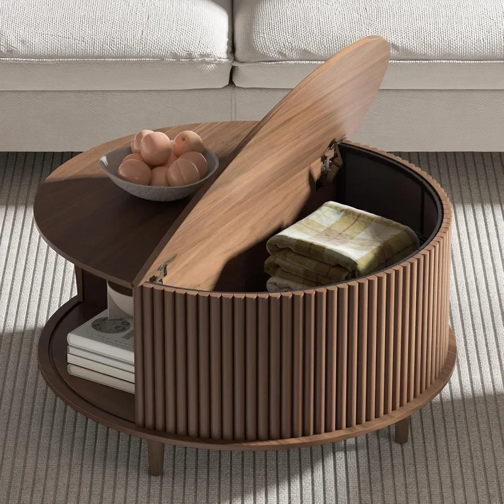 Runder Couchtisch mit Stauraum, moderner Mid-Century-Couchtisch mit Schiebetür, 33,5 Zoll kleiner Mitteltisch, Walnuss