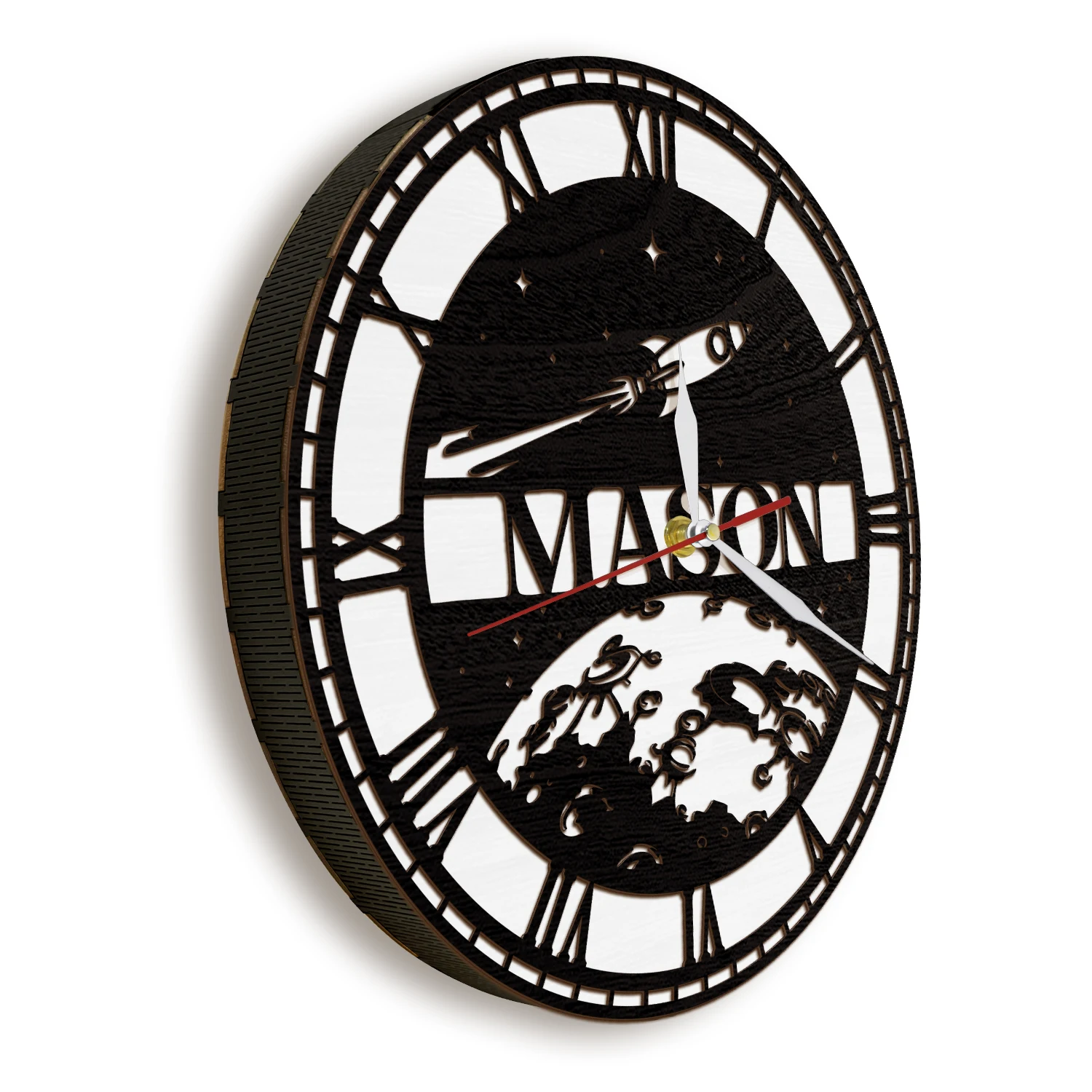Custom Space Rocket LED Night Light Wall Clock For Boys Bedroom Personalized Kids Name Moon Star Glowing Silhouette Wall Clock