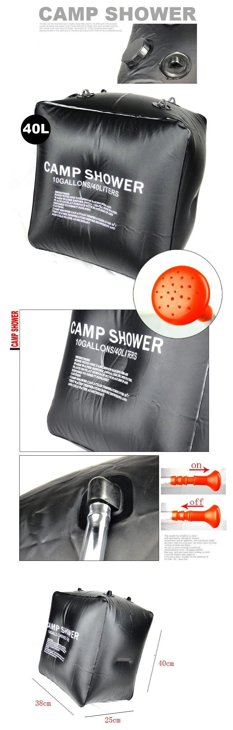 40L Outdoor-Badetaschen mit UV-Schutzbeschichtung, PVC-Solardusche mit Kunststoffschlauch, Outdoor-Badewassertasche zum Aufhängen – Detail 8