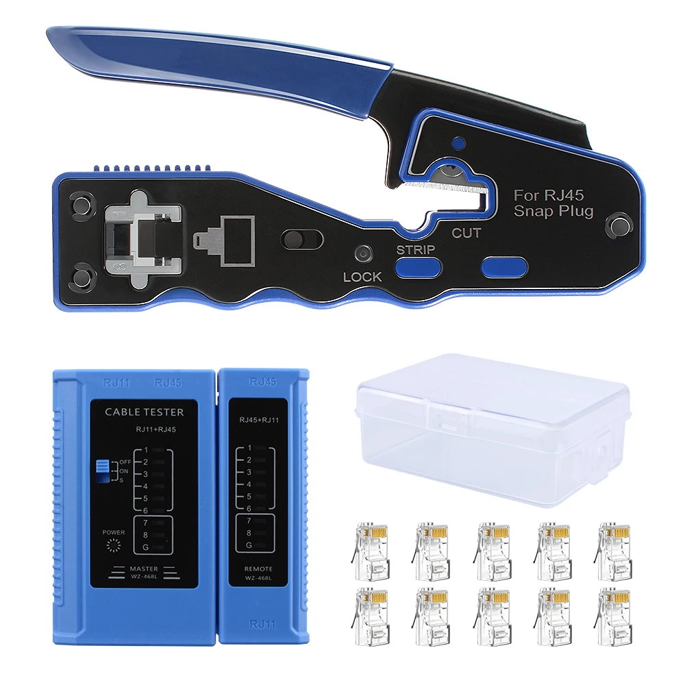 RJ45 Cat6 Cat5e Pass-Through Crimping Tool Kit, Ethernet Crimper Set with RJ45/RJ11 Network Tester 10Pcs 8P8C Connectors,