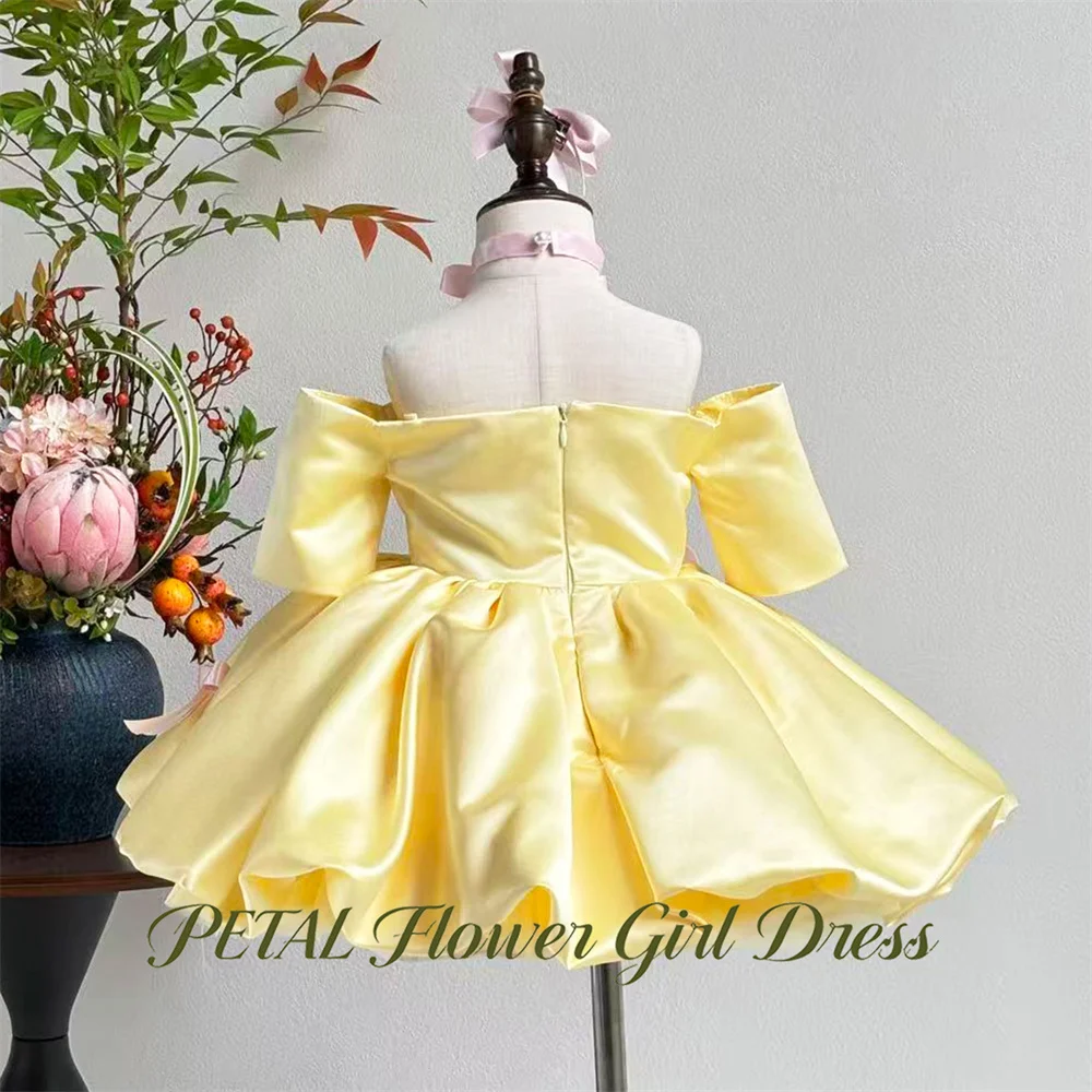 Petal Multi Pink Bow Princess Girls Dress Square Neck Kids Birthday Party Dress Pale Yellow Tutu Fluffy Prom Gown Customized