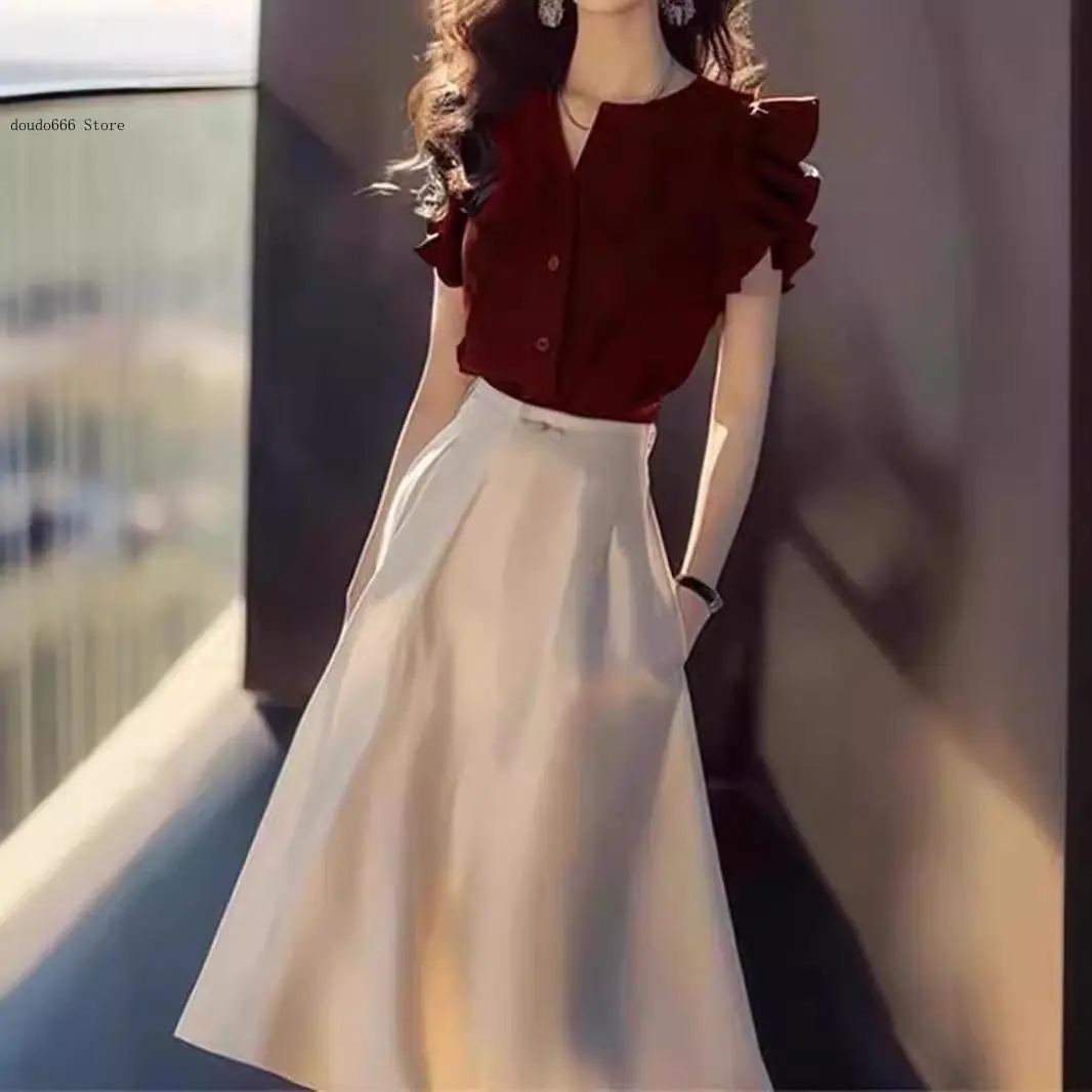 Fashion Temperament High-End Socialite Temperament Goddess Style High-End Feeling Red Shirt Set Summer