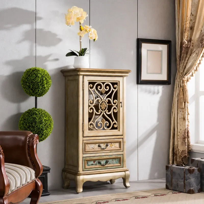 Champagne Hollow Chest Wine Cabinet Retro Solid Wood Living Room Storage Cabinet Factory Wholesale