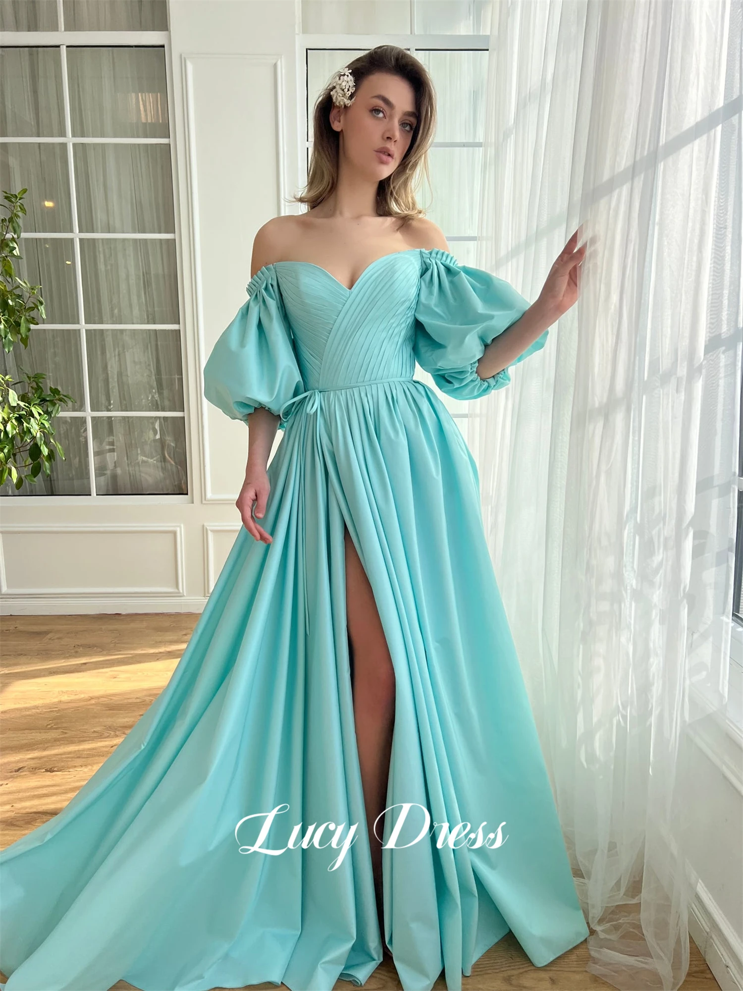 

Lucy Satin Puff Sleeves Line A Party Dress Mint Green Graduation Gown Evening Wedding Dresses for Formal Occasions Ball Gowns