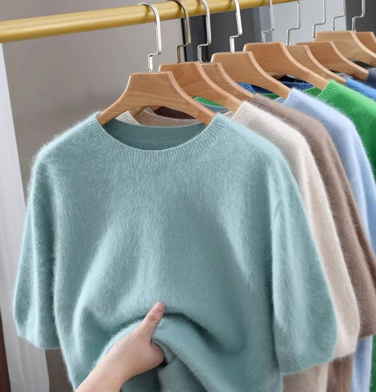 

100% mink knit short sleeved loose round neck solid color half sleeve simple casual T-shirt