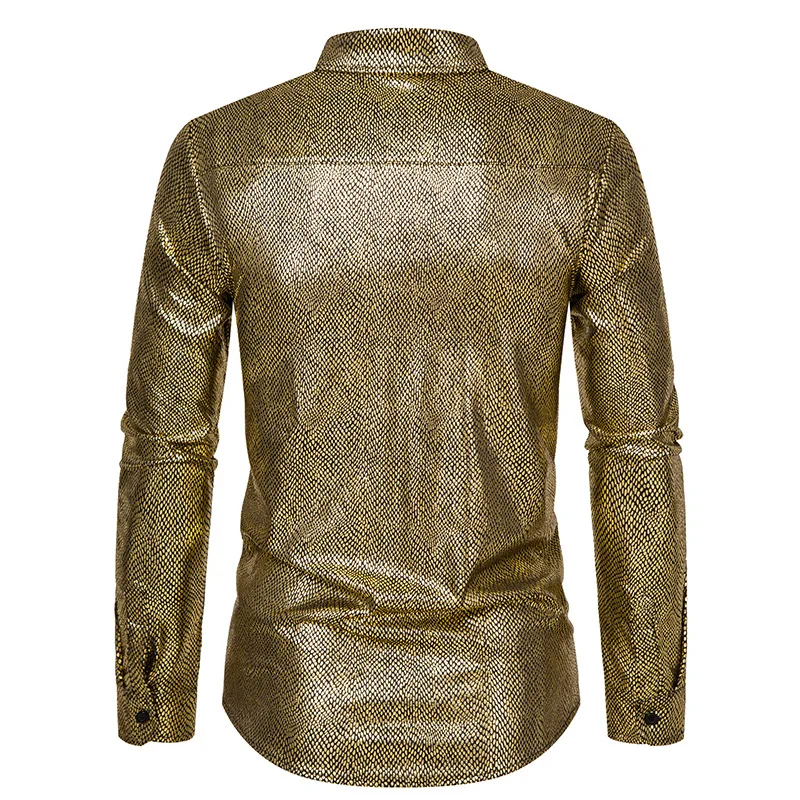 Luxury and Fashionable Men\'s Sequin Metal Dress 2024 New Long Sleeved 70\'s Disco Party Shirt Stage Performance Men\'s Shirt