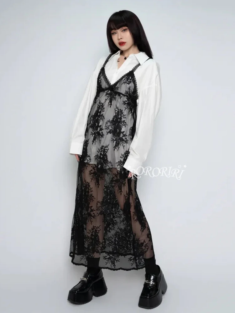 RORORIRI Floral Lace Sheer Smocked Long Dress Women Wave Trim V-neck Solid Black Sleeveless One-piece Goth Punk Vintage Clothes