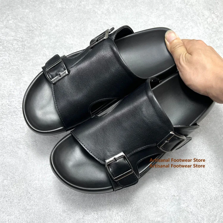 

Black Leather Adjustable Buckle Slide Sandals Men's Casual Open-Toe Slippers Dual-Buckle Slide Sandals Comfortable Summer Slides