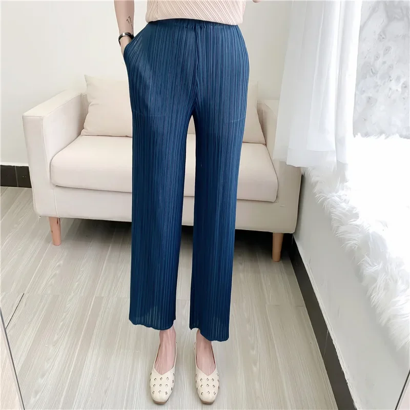 

Miyake 2023 New Women's Casual Pants Simple Loose Comfortable Casual Stretch Pleated Straight Nine Pants Female Niche