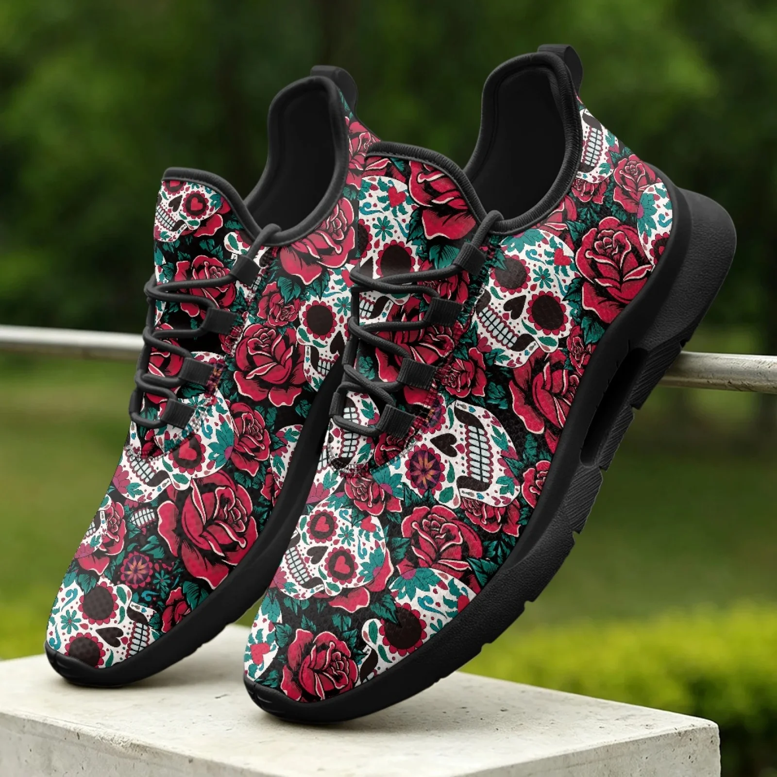 XIXIRIMIDO Lace-up Casual Shoes Mens Sneakers Comfortable Mesh Breathable Walking Shoes Women's Lightweight Soft Rose Skull