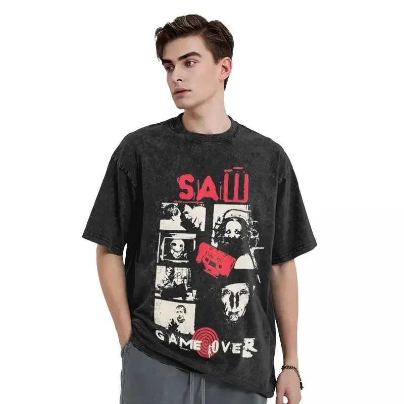 Washed T Shirt Vintage Saw Jigsaw Game Hip Hop Vintage T-Shirt Oversize Horror Movie Billy Streetwear Cotton Tops Tees Men Women