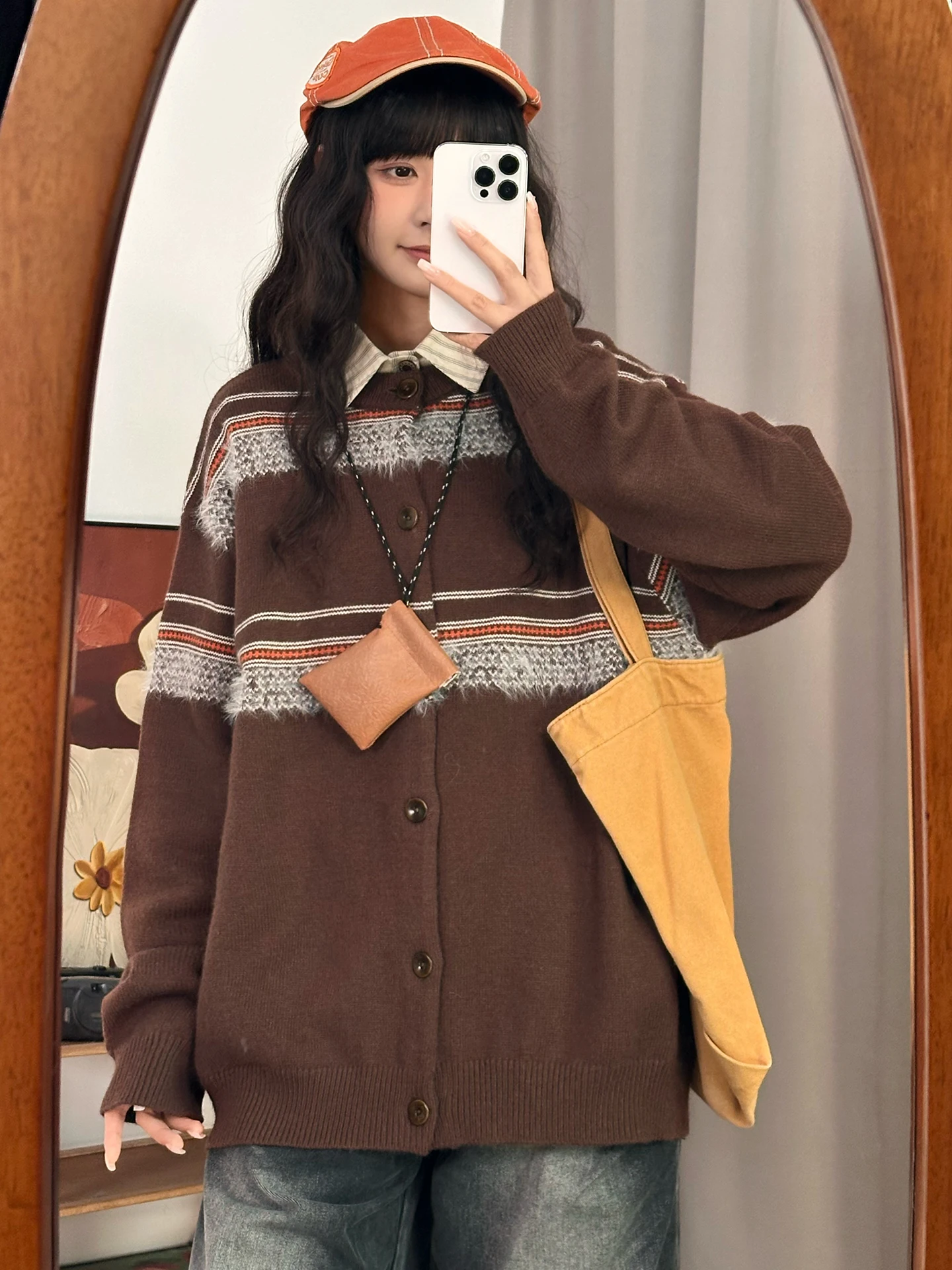

Autumn Winter Women's Knitted Coffee Striped Sweater Casual American Retro Sle Open Cardigan Coat Street Sle Loose Fit
