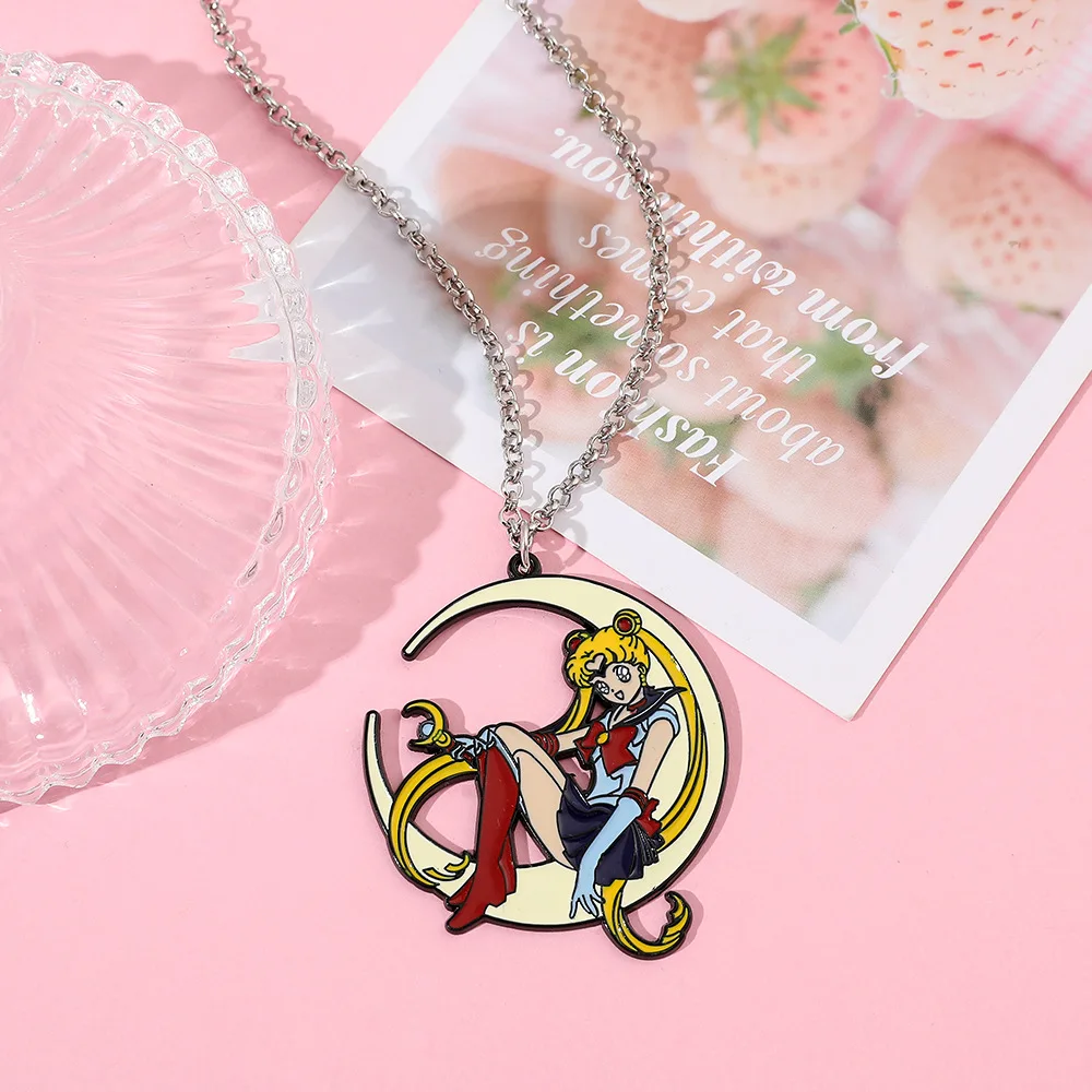 Sweet Anime Metal Enamel Necklace Moon Charm Cartoon Badge Pendant Cosplay Jewelry Accessory for Girls ﻿
