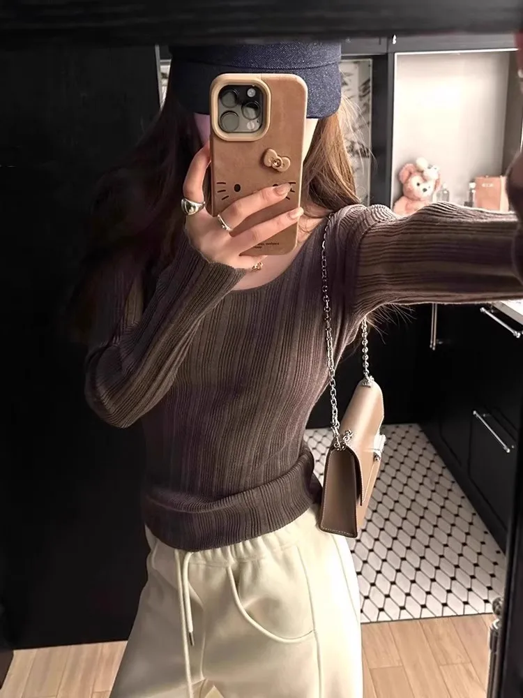 Korean Long Sleeved Round Neck Women's Pullover, Solid Color Soft Knit Slim Fit T-shirt, Fashionable Casual Base Shirt