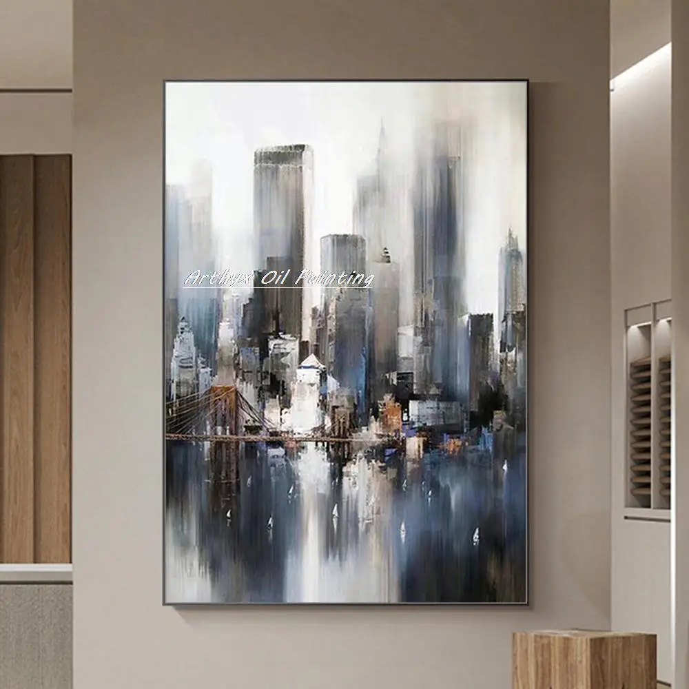 Arthyx Handpainted City Architectural Landscape Oil Paintings On Canvas,Modern Wall Art,Picture For Living Room Hotel Decoration