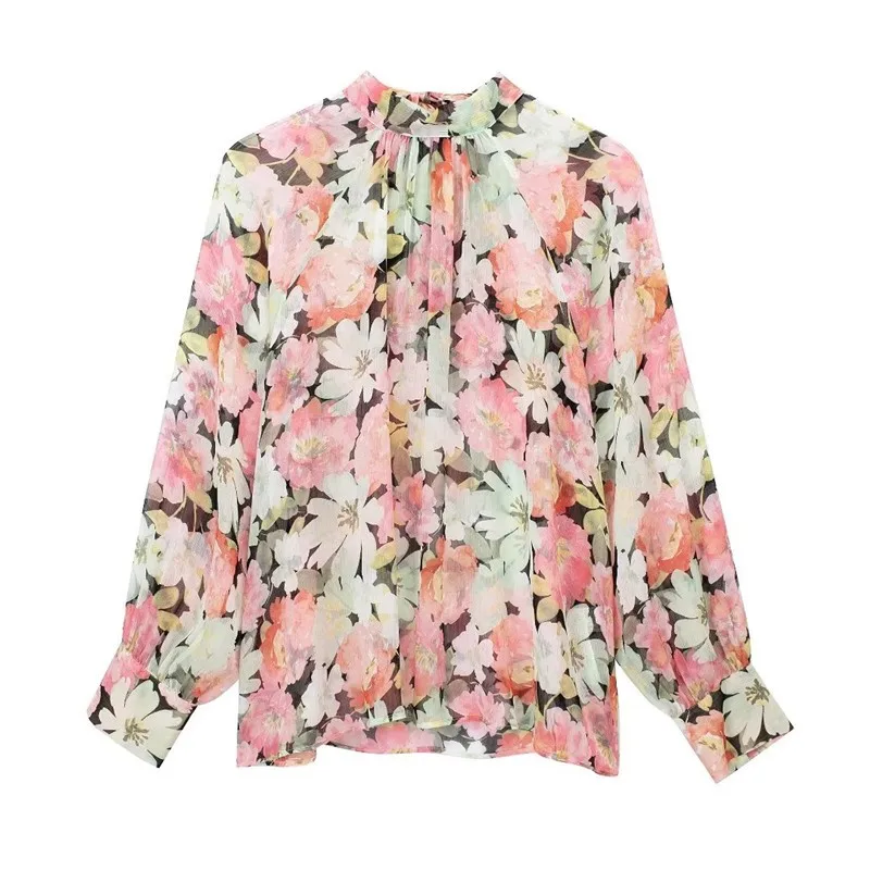 

Весенне-летняя женская универсальная блузка с узловым принтом, в деловом стиле, с длинным рукавом, цветочным узором и воротником-стойкой