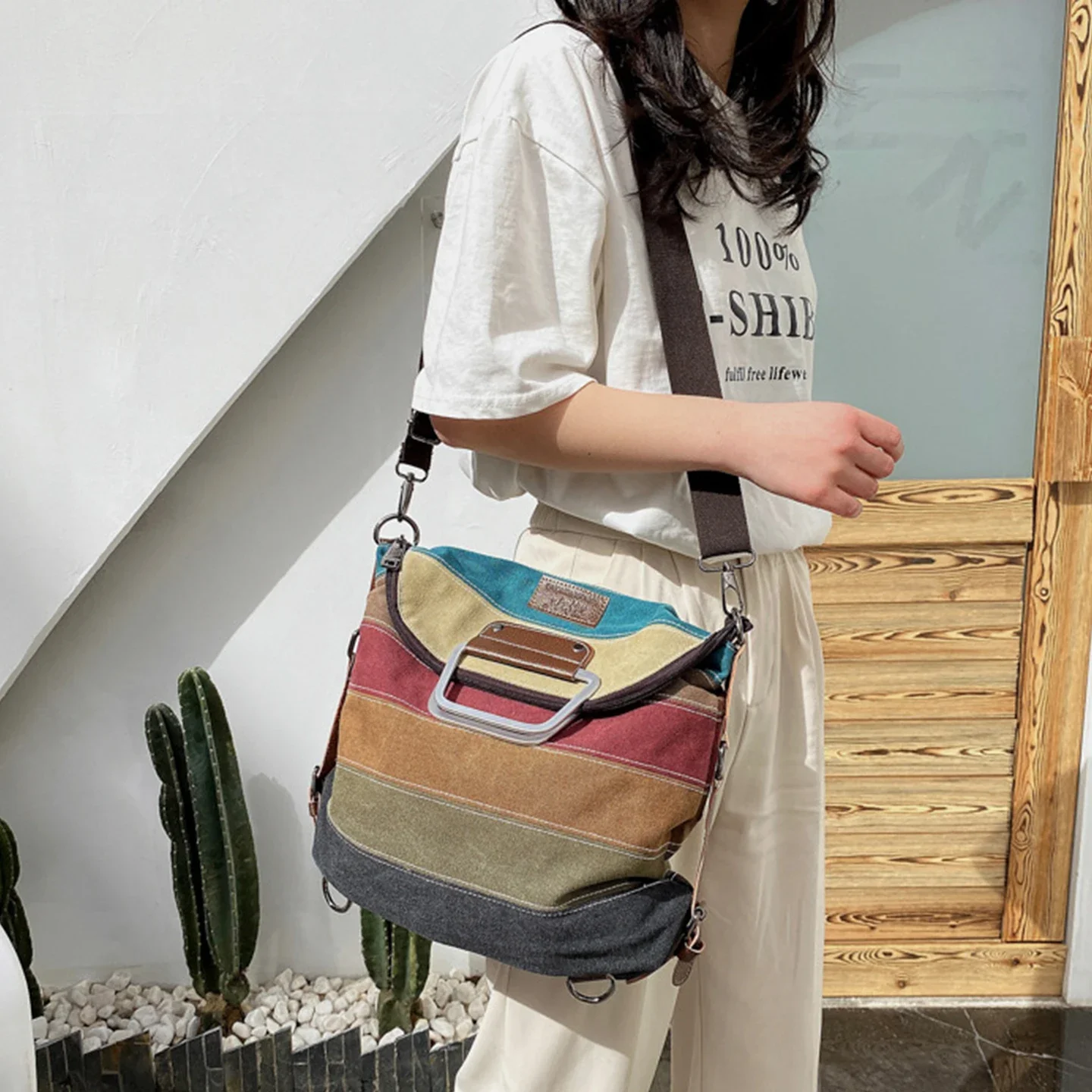 Women Color Block Striped Canvas Backpack Convertible Single Shoulder Colorful School Bag Casual Daily Travel Rucksack Ladies