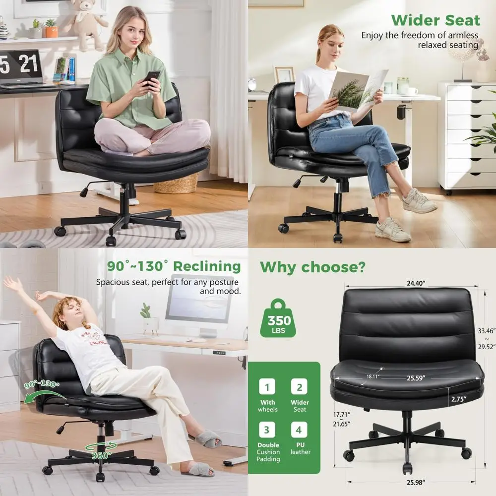 

Cross-Legged Office Chair with Wheels, Wide Cushioned Armless Desk Chair for Home and Bedroom Comfort
