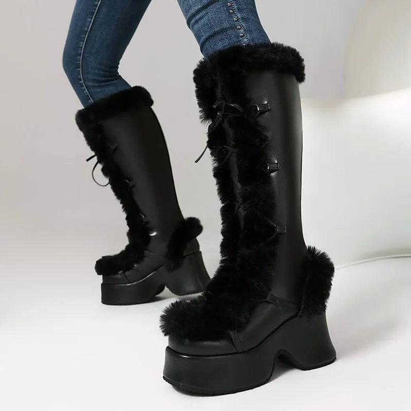 Lolita Warm Snow Boots Women's Leather Face Fury Boots 2024 New Lace Up Slope Heel Thick Soled Women's Shoes