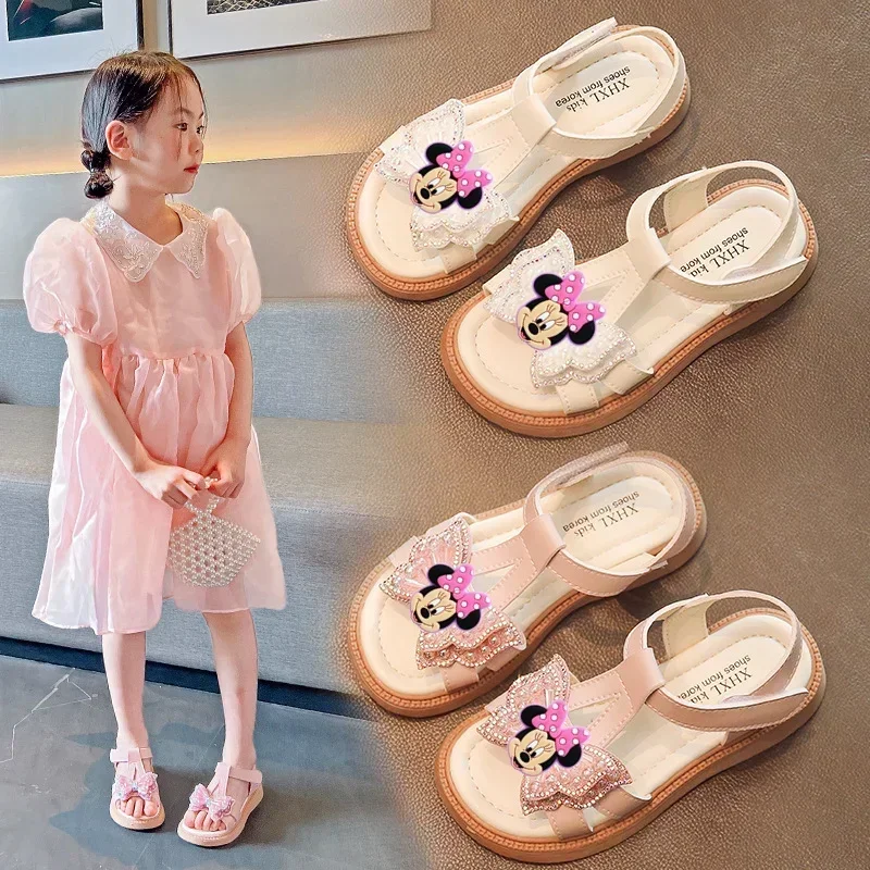 

Disney Mickey Mouse Minnie New Kids Girls Sandals Soft Sole Summer Bow Fairy Fashion Pearl Girls Princess Shoes