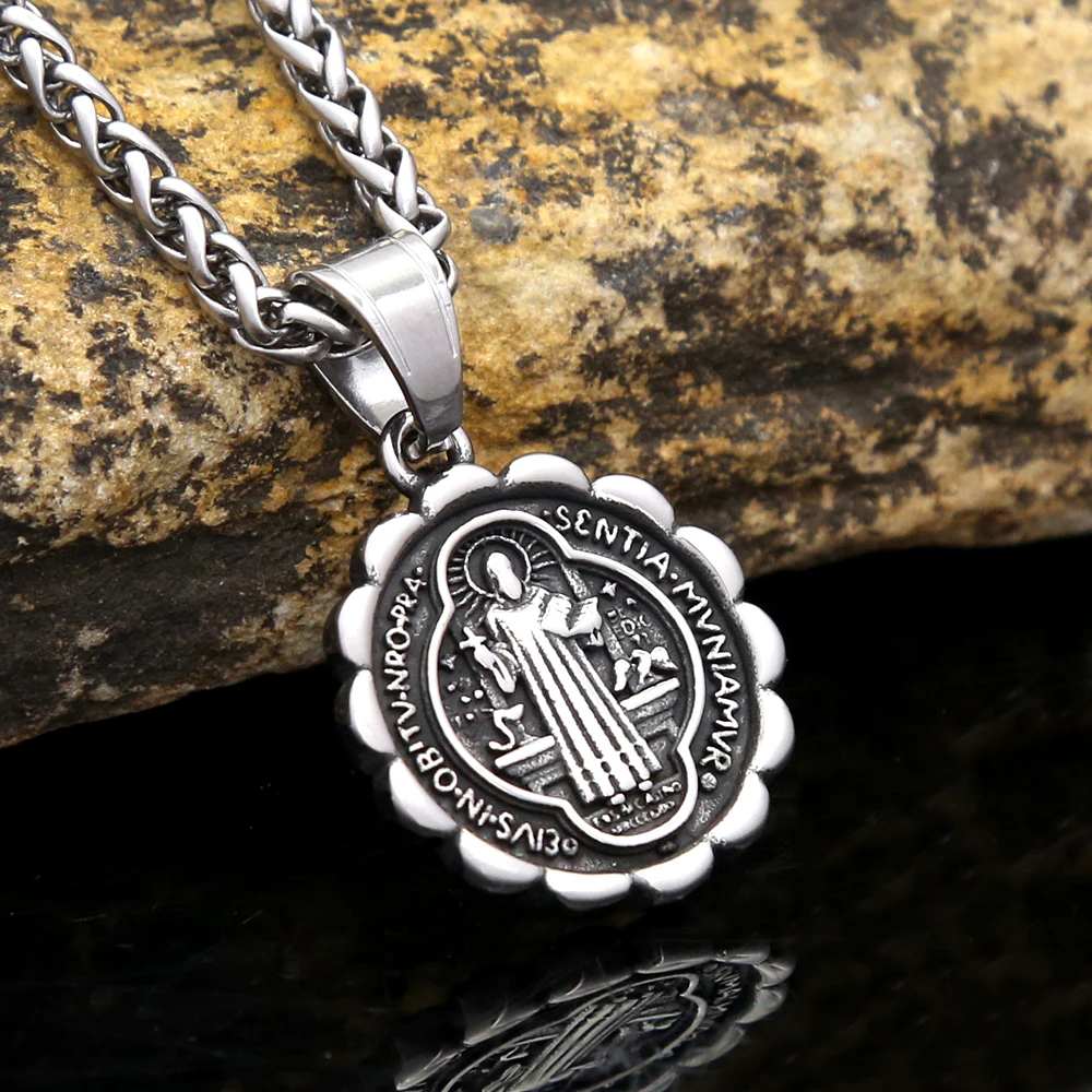 

Vintage Catholic Saint Benedict Stainless Steel Necklace For Men Simple Fashion Cross Pendant Amulet Jewelry Gifts Dropshipping