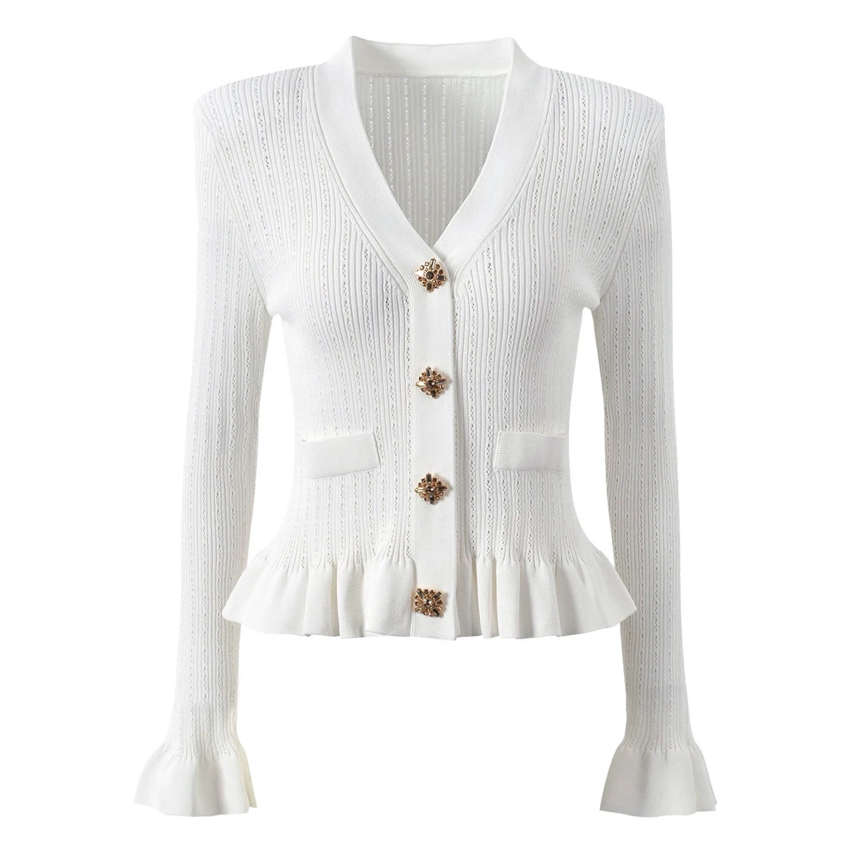 

Spring And Autumn New Style Commuting Crystal Buckle Women's Woolen Versatile Knitted V-Neck Long Sleeve Cardigan Top