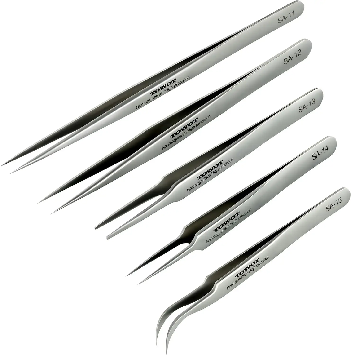 

Precision Tweezers 5-Pack: Stainless Steel, Non-Magnetic, Heat Resistant, Curved Tip for Jewelry, Electronics, Craft, Soldering, Lab Work