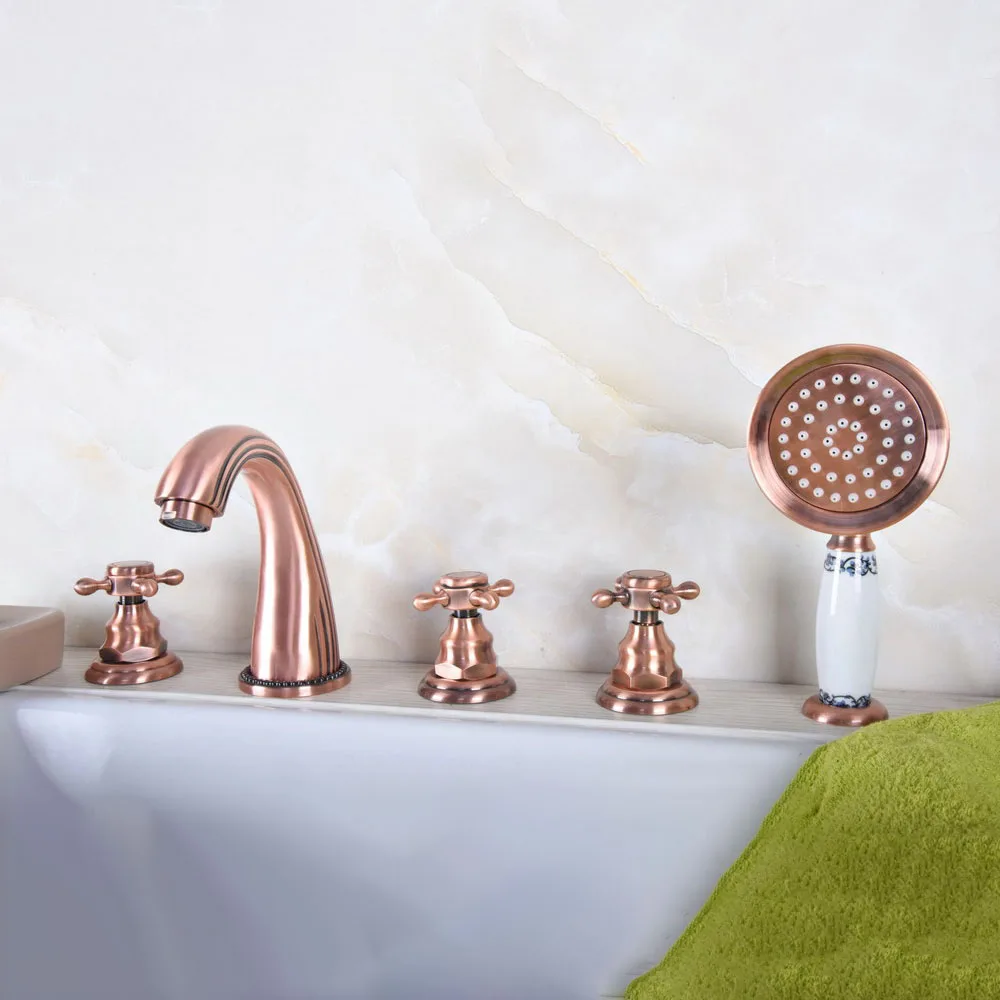 

Antique Red Copper Five Hole Deck Mount Bathroom Tub Faucet Set with Handheld Shower Spray Head Mixer Tap Dtf181