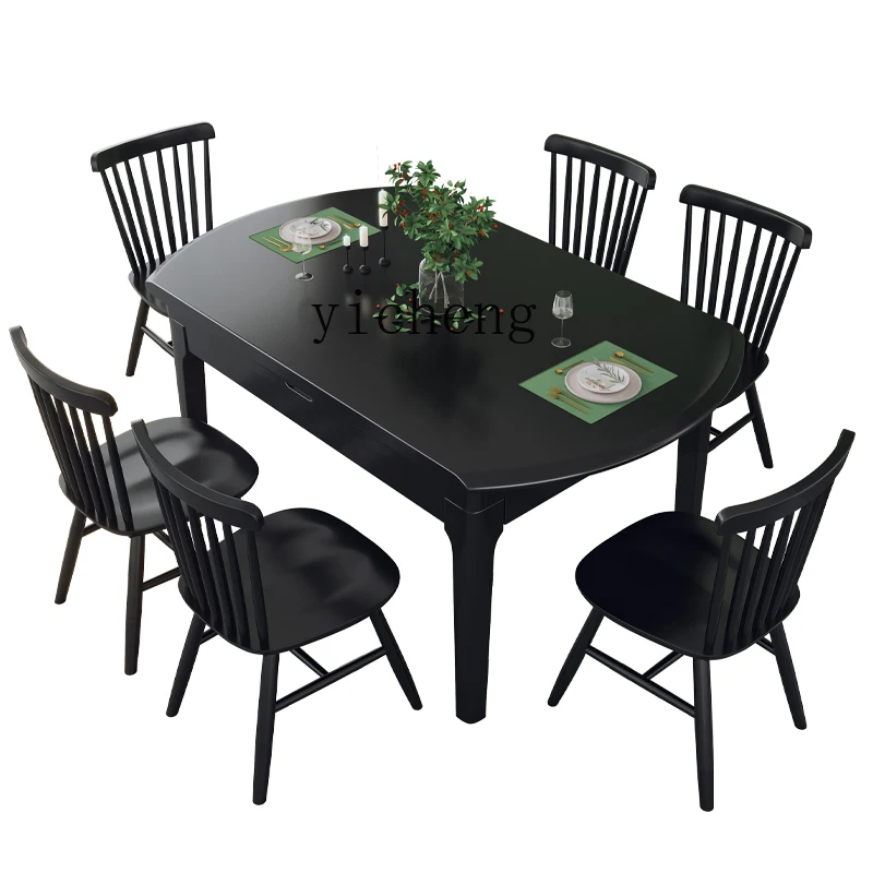 

Zc Solid Wood Dining Tables and Chairs Combination Retractable Folding Dining Table Elegant Black Dining Table Rectangular