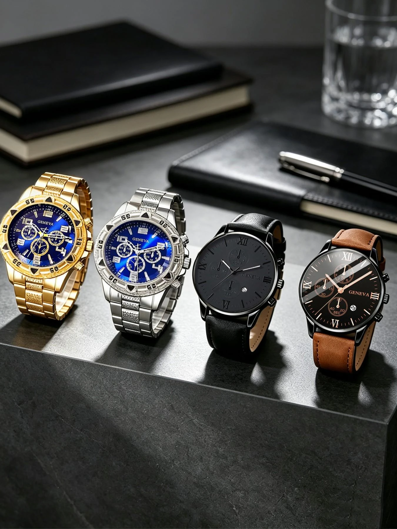 Geneva Men's Quartz Wristwatch Roman Numerals Fake Chronograph Watch Steel Band Leather Strap Business Casual Male Clock