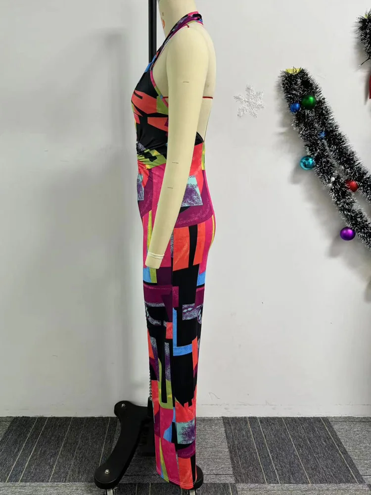 Beyprern-monos de piernas anchas con cuello Halter recortados para mujer, pantalones largos estampados sin espalda, monos de moda, ropa de discoteca