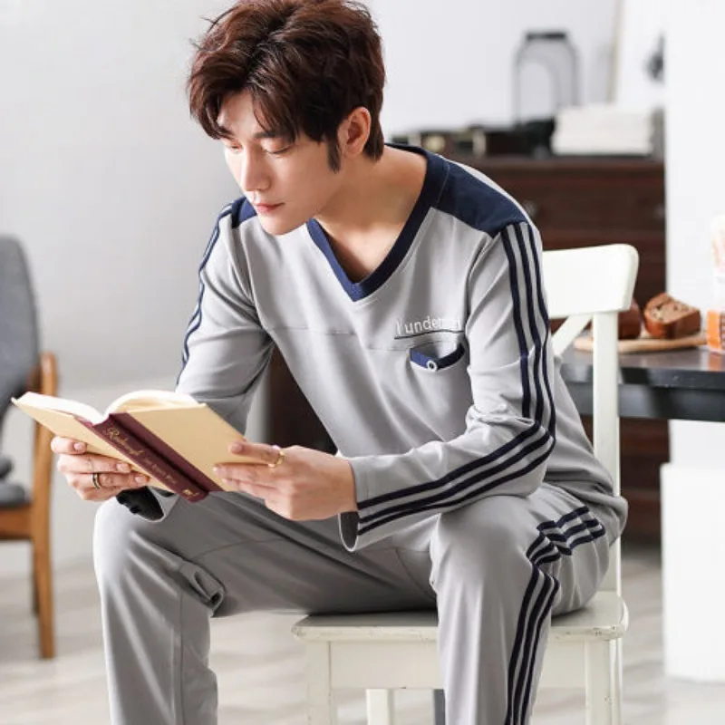 Double-sided Cotton Men Pajama Spring Autumn Long Sleeves Plus Size Loose Loungewear Casual Set All-season Wear Can Worn Outside