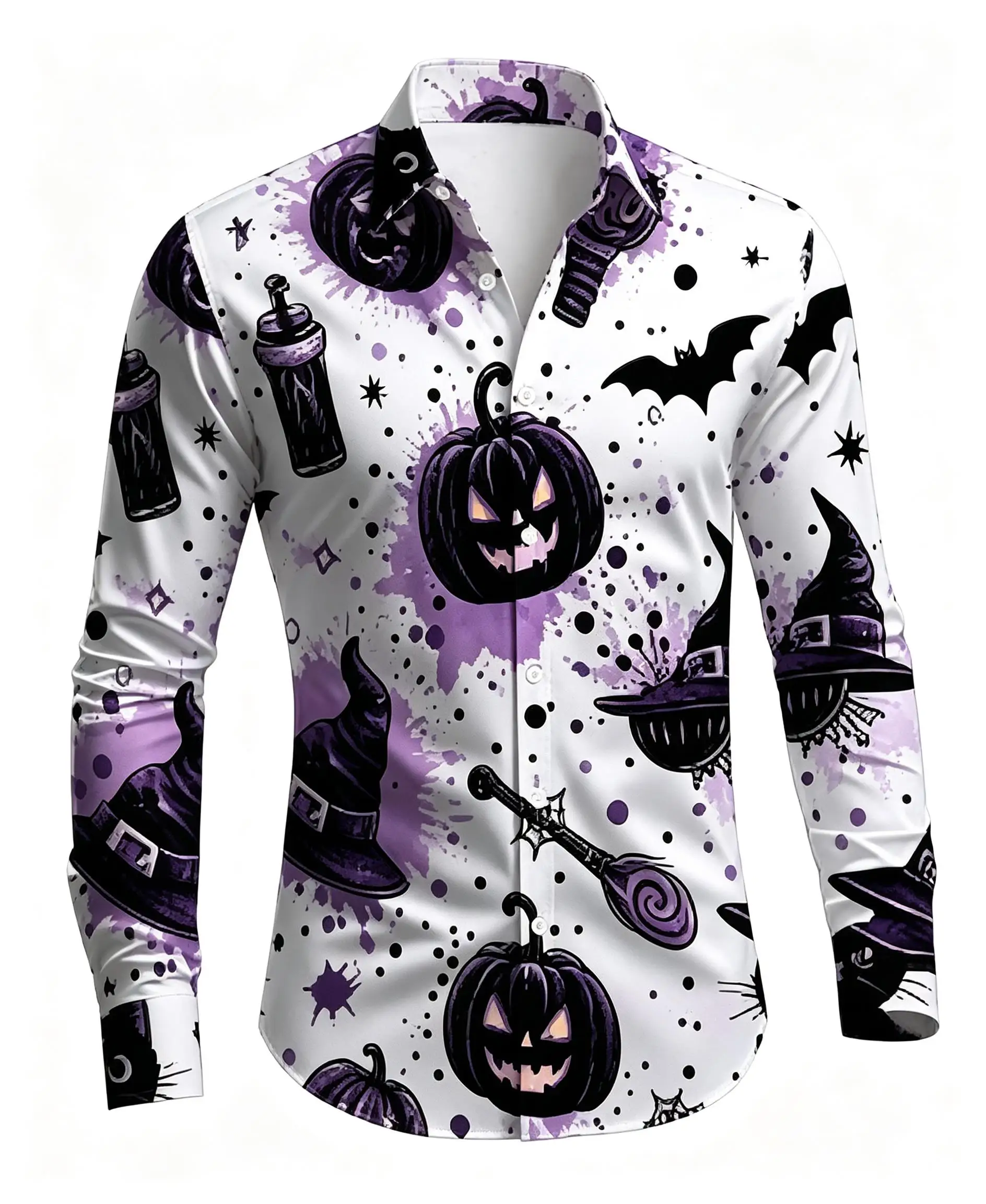 Halloween Men Lapel Collar Shirt White Base Purple Pumpkin Broom Graphic Polyester Long-Sleeve Blouse