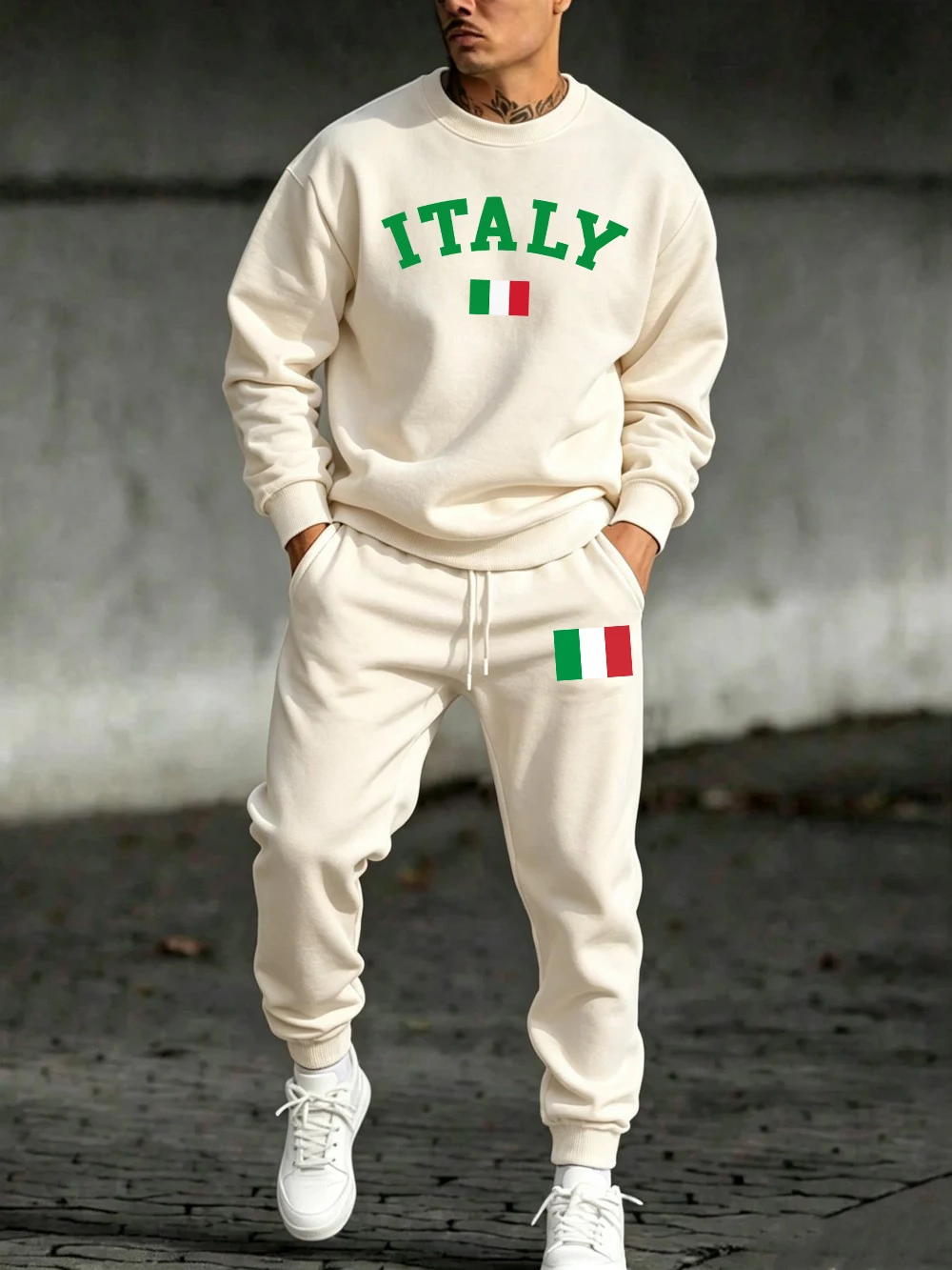 2 Pcs Pullover Set Mens Italy Flag Letter Printing Sweatpants Casual Loose Fleece Warm Hoody Sporty Pants Winter Pocket Clothes view 2