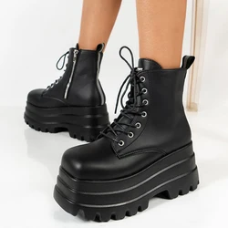 Gothic Chunky Platform Motorcycle Boots Women Autumn Winter Punk Combat Boots Woman Thick Bottom PU Leather Ankle Botas Mujer