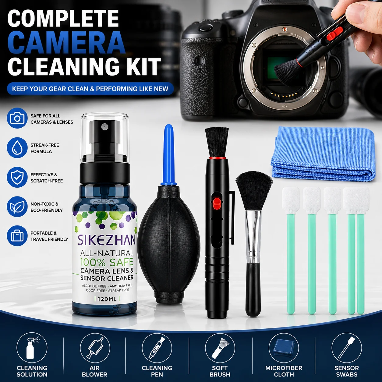 Universal Camera Maintenance Kit SIKEZHAN 120ml All-Natural Solution Air Blower Lens Pen Brush and Swabs for Lenses and Sensor
