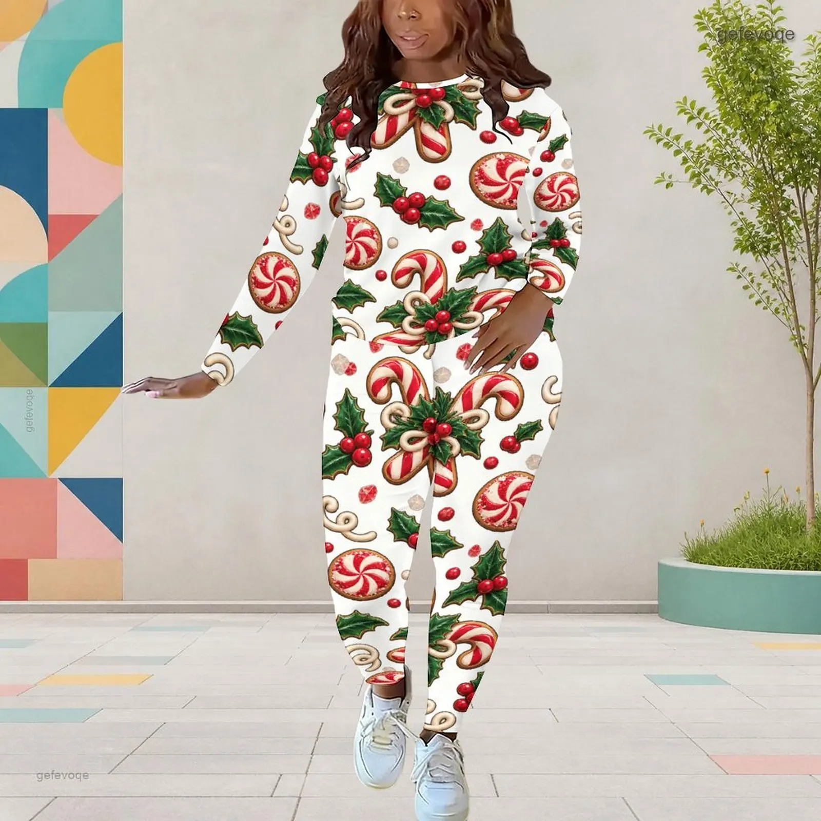 Women Printed Candy Cane Peppermint Holly Berry Round Neck Long Sleeve Top Fitted Pants Two Piece Set