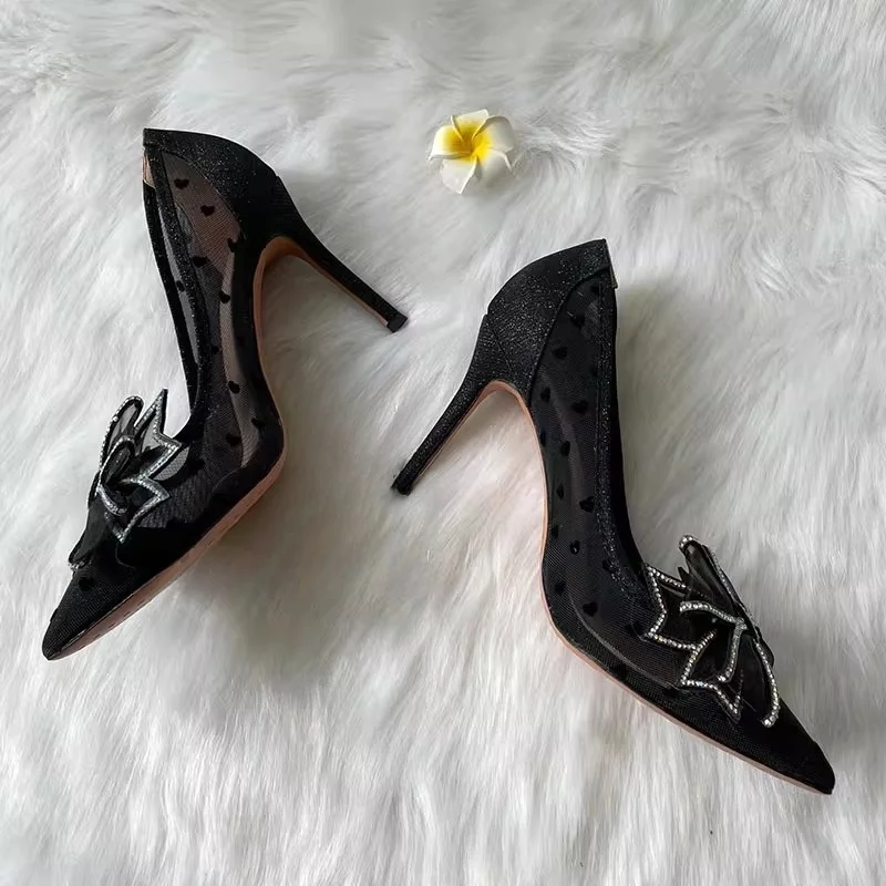 

2025 Summer Women's Black Mesh High Heels Pointed Toe Stiletto Heel Bow Sexy Elegant Banquet Dress Lady Large Size Single Shoes