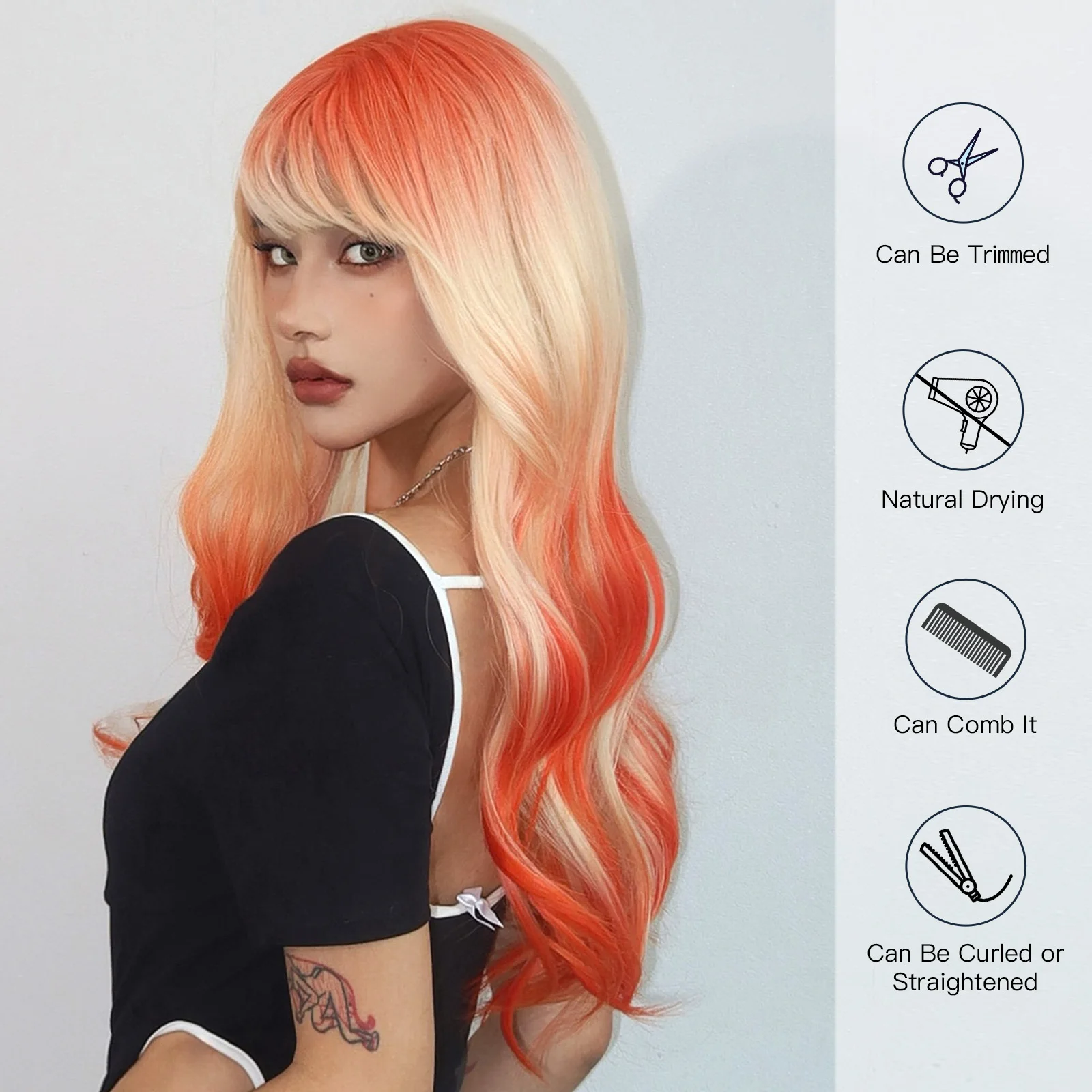 Orange Blonde Ombre Synthetic Wigs Long Wavy Colorful Wigs with Bangs for Women Body Wave Cosplay Wigs Halloween Heat Resistant